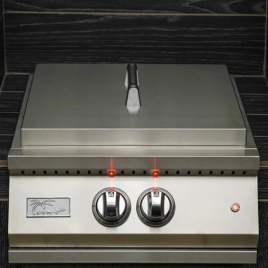 The stainless steel cover protects the burner when not in use and features a curved handle to match other Kokomo products.